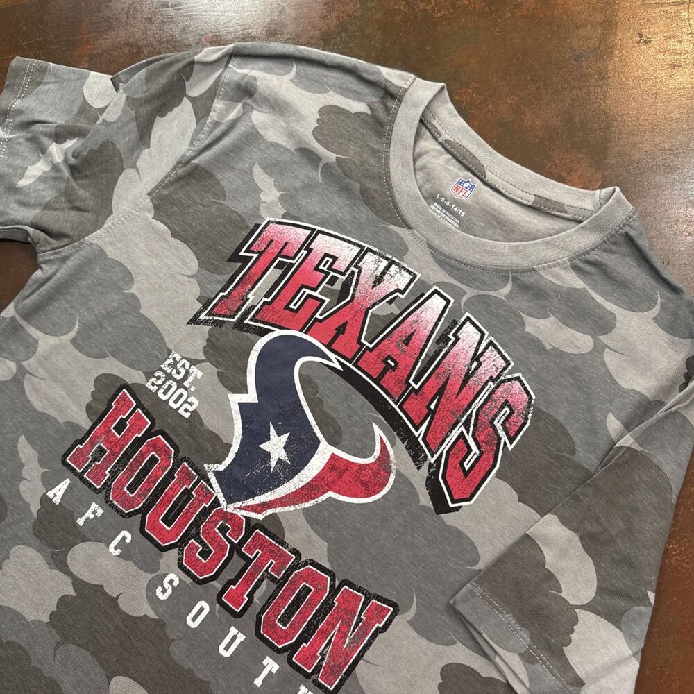 NFL Houston Texans Youth Large 14/16 Grey Camo Faded Graphic T-Shirt H-town